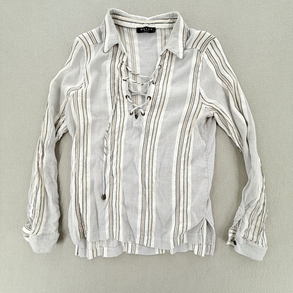 Anthropologie Maven West Lace Up Stripes Blouse Women Large Fits Like Medium